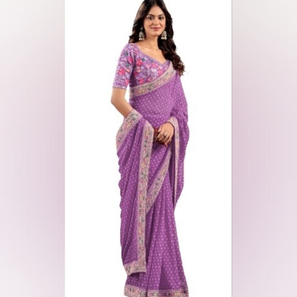 Purple Georgetta Bandhani Saree With Embroidery Border